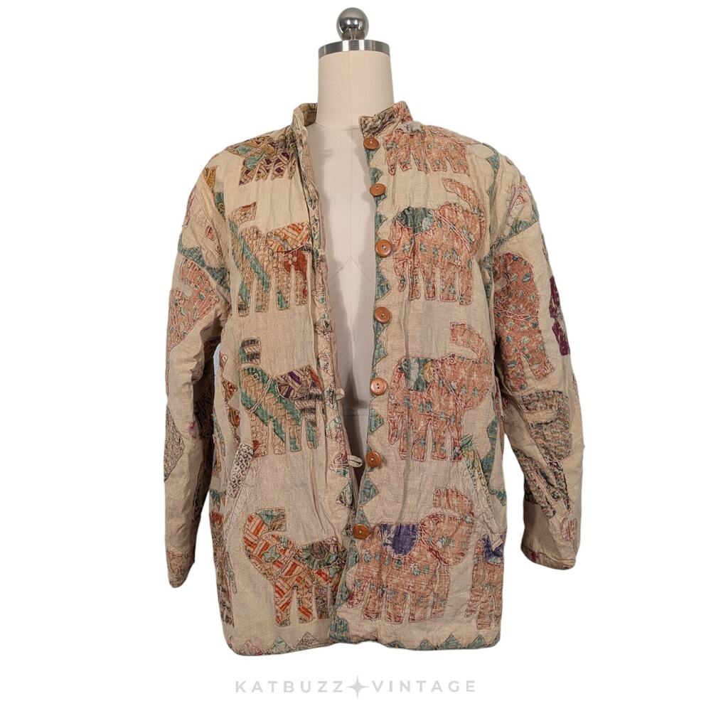 Patchwork Elephant Jacket Coat L Brown Boho Indie… - image 4
